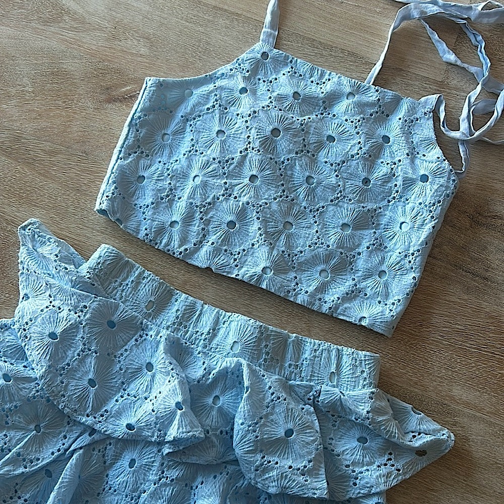 MISS BEHAVE  Never Worn! Two piece light blue eyelet girls skirt set